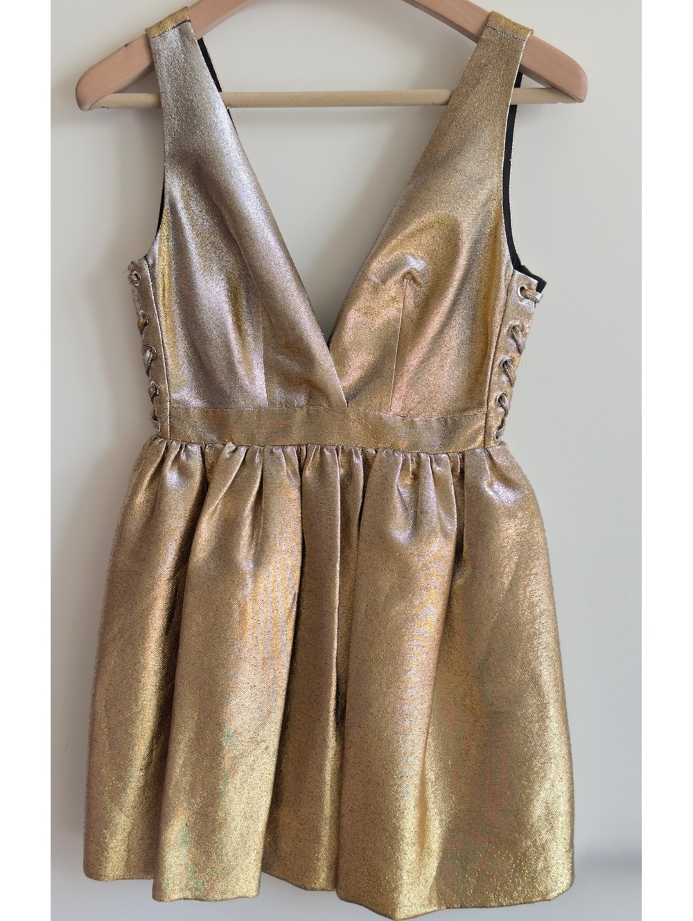 sandro dress gold Paris Metallic Mini Silver Fit and Flare Lace-Up Sides R4957H Knit midi dress
